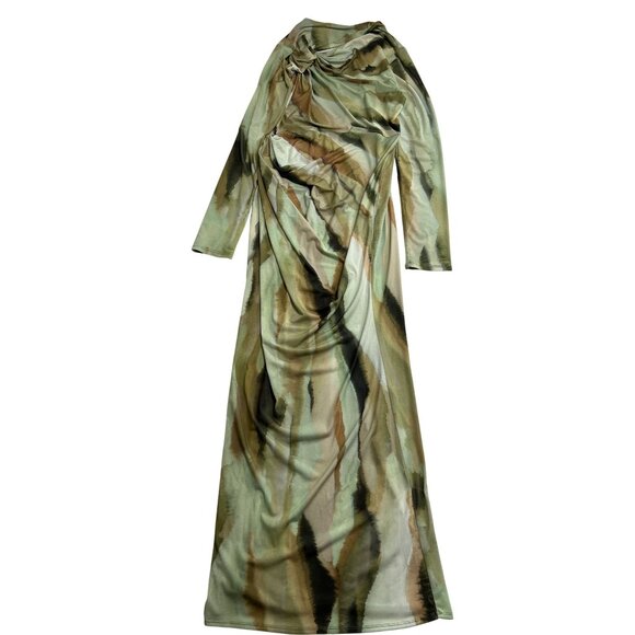 ASOS Design Long Sleeve Knot Maxi Dress in Tonal Abstract Print - Picture 1 of 5